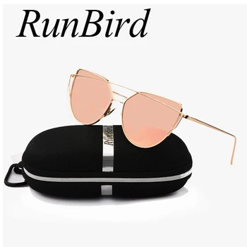 Mirror Flat Lense Women Cat Eye Sunglasses Classic Brand Designer Twin Beams Rose Gold Frame Sun