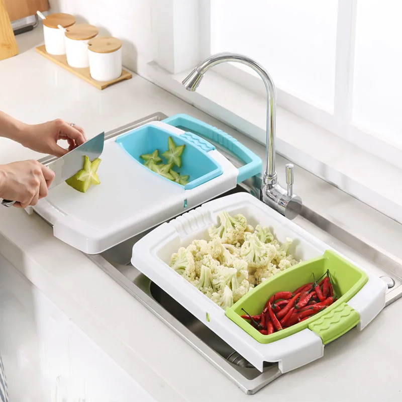 

2019 Home Retractable Multipurpose Drain Basket Cut Fruit and Vegetable Plastic Cutting Board Kitchen Container for The Sink