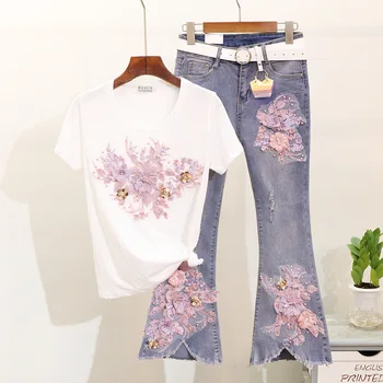 

Summer Flare Jeans Suit Women 2019 New Embroidered Stereo Flower Pull T-shirt + Holed Jeans Denim Trousers Two-piece Suit Lady