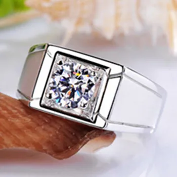 

Male Ring AU585 Solid White Gold Genuine 0.5CT NSCD Brand Quality Synthetic Carbon Ring Solitaire Men Engagement 585 Jewelry