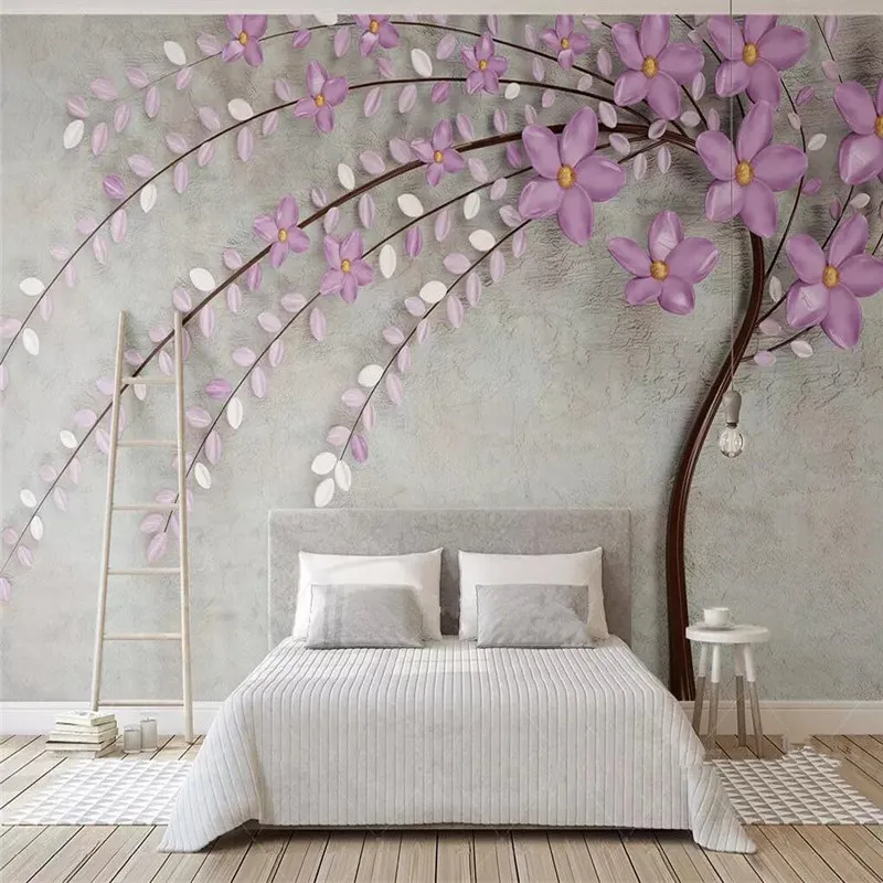 Custom Mural Wallpaper Purple Tree Flowers Nordic Elegance 3d Stereo Tv Background Wall custom papel de parede 3d european city architectural scenery wallpaper for bedroom walls wall cloth wall papers for living room