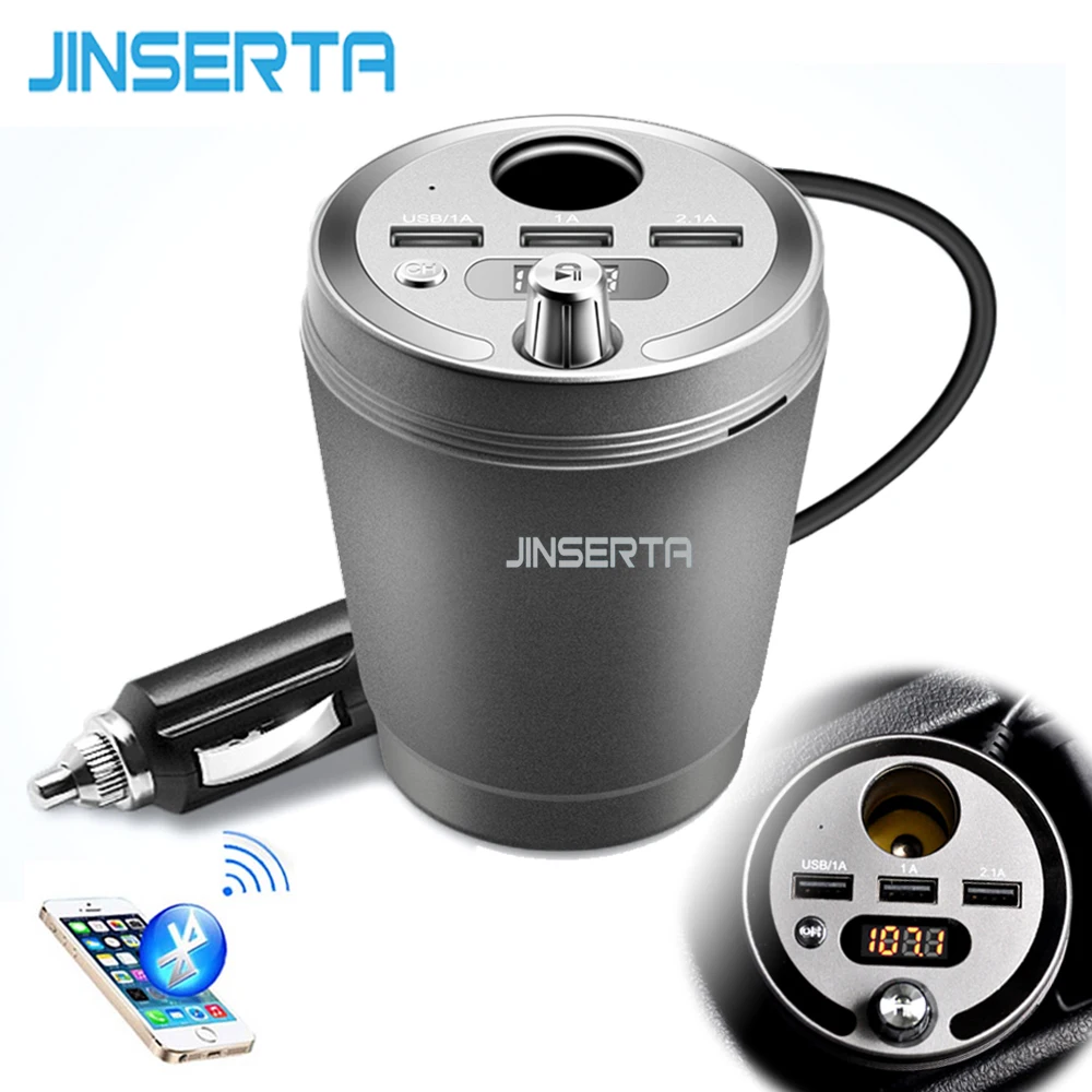JINSERTA Bluetooth Car MP3 Player FM Transmitter 3 USB Output 3.1A Cup Cigarette Lighter Adapter Phone Charger USB TF SD Siri
