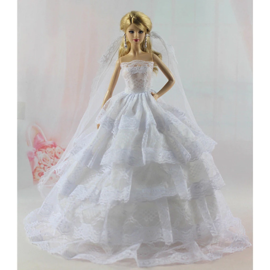  Stunning Garment Set White Tube Top Dress Wedding Gown w. Veil & Black Tux Business Suit For   Doll Accs