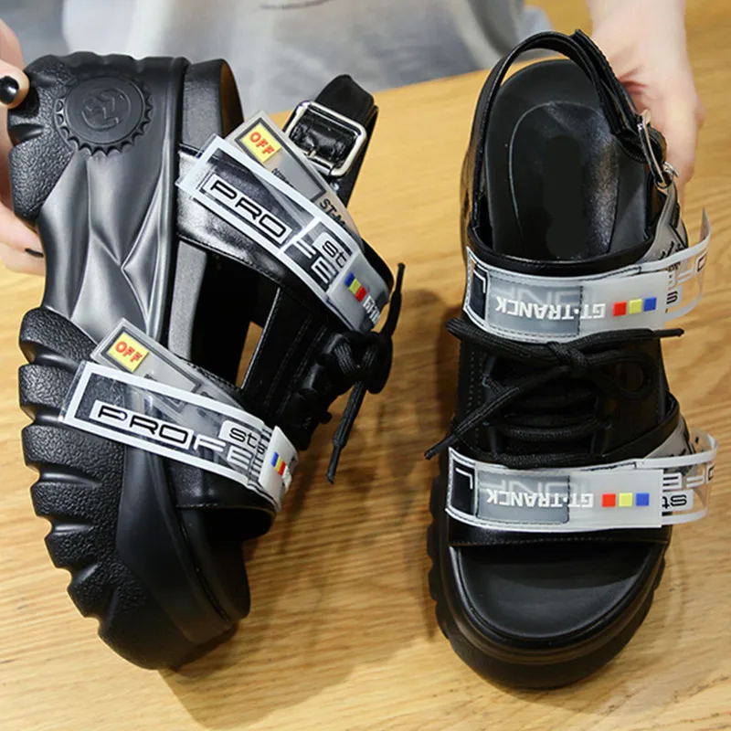 Women's platform Sandals Summer White Black Wedge High Heels Shoes Female Leather Casual Chunky Sandals Buckle Beach shoes JA-16