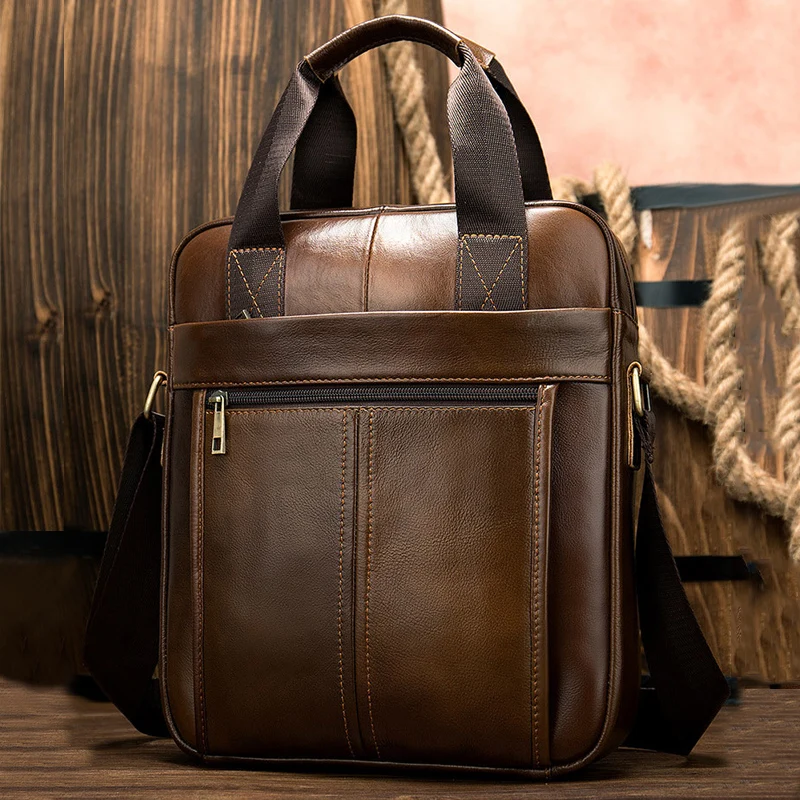 

Top-Handle Cowhide Men's bag business vertical hand Briefcase 9.7 inch ipad retro shoulder bag Genuine Leather handbag messenger