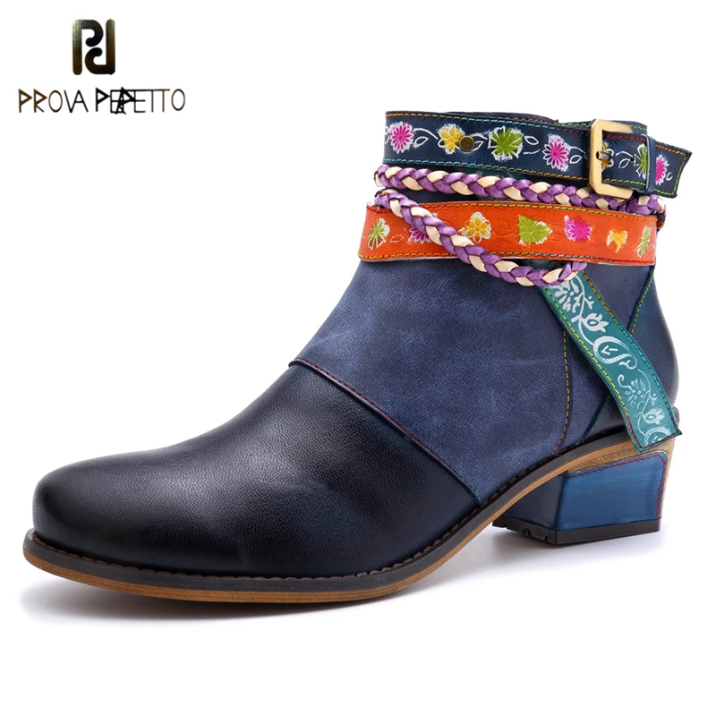 

Prova Perfetto Women Strap Bohemian Ankle Boots Side Zipper Heels Short Botas Mujer Fashion Ethnic Flowers Shoes Retro Booties