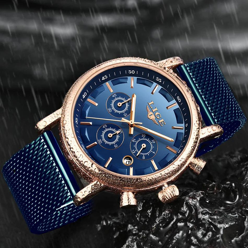

LIGE Sport Watch Men Stainless Steel Band Military Quartz Watches Men's Casual Chronograph Calendar watch Waterproof Clock 2019