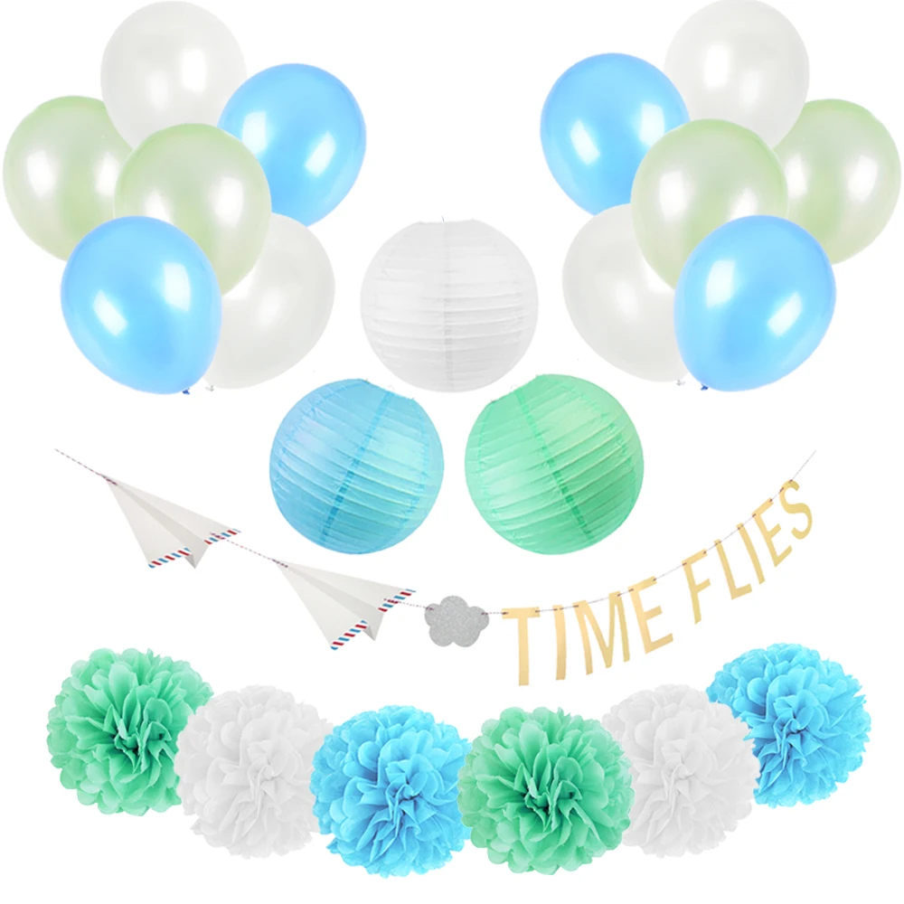 

Blue Mint White Birthday Party Decor Time Flies Garland Balloon Pom Pom Lanterns Kids Fresh Color 22pcs