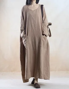 

2019 Large size linen dress long sleeve gray khaki color long simple spring autumn paragraph women long Mori dress N021