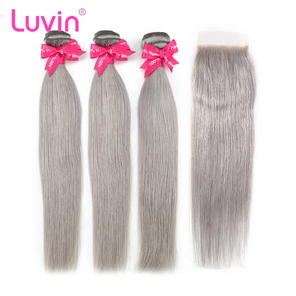 

Luvin Grey Silver Straight Brazilian Hair Weave Human Hair Bundles With Closure 3 Bundles Remy Hair and 1PC Lace Frontal Closure