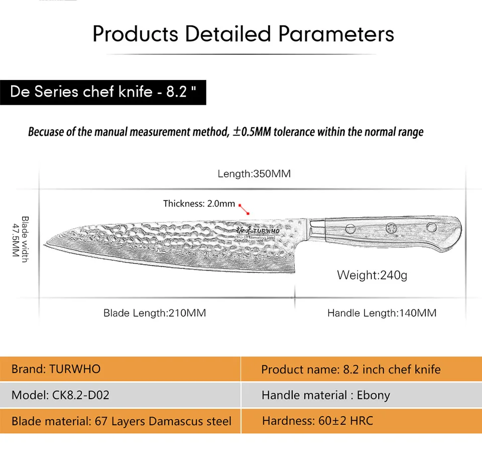 TURWHO 8,2 ''высокое качество поварской нож 67 слоев VG10 японские Дамасские Стальные Кухонные ножи с черной ручкой очень острый поварской нож