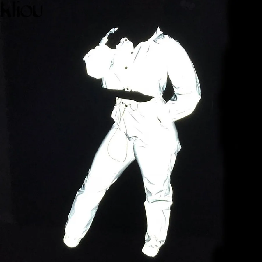 Kliou Новая женская укороченная однотонная светоотражающая куртка с воротником на пуговицах толстовка с длинным рукавом с регулирующимся поясом