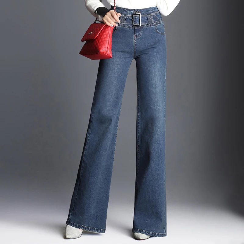 

2019 New Female Elegant Wide Leg Flare Jeans High Waist Womens Beautiful Fashion Jeans Plus Size Straight Washed Jeans With Belt