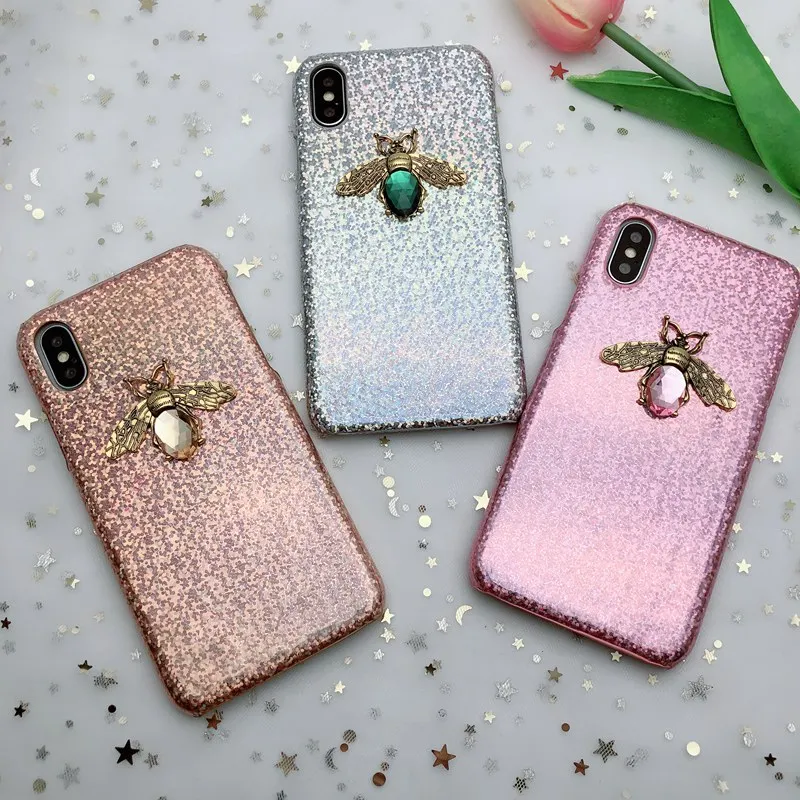 

Bling Laser Half Wrap 3D Metal Bee Case For iPhone X XR XS MAX 8 7 6 Shiny Glitter PU Cover For iPhone 8 7 6 6S Plus