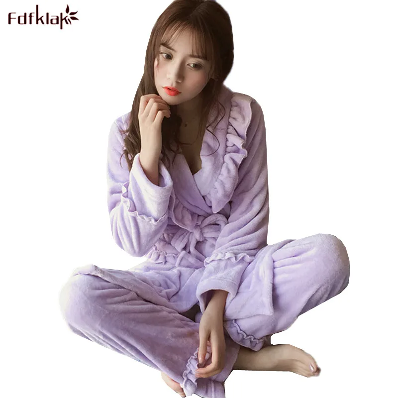 

Fdfklak 2018 Flannel Fleece Winter Women Pajamas Sets Sleepwear Thick and Comfortable Women Feminino Pijamas Mujer Pyjamas Set