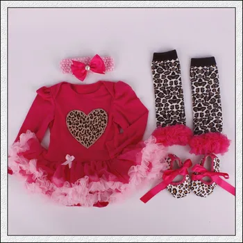 

4PCs per Set Infant Outfits Red Leopard Baby Girls Long Sleeves Tutu Dress Headband Shoes Leggings for 0-12months Free Shipping