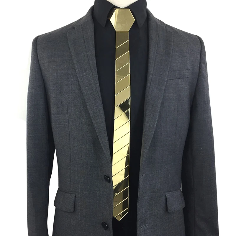 

GEOMETIE ACRYLIC GOLD MIRROR FASHION TWILLING PATCHWORK STYLE SLIM PLAIN NECKTIE MEN TIES SKINNY