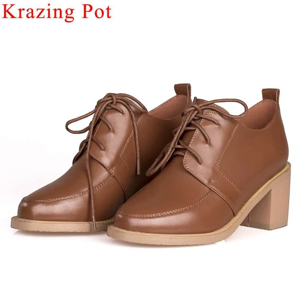 

Krazing Pot European superstars retro natural leather chunky high heels lace up spring pumps handmade round toe dress shoes L3f6
