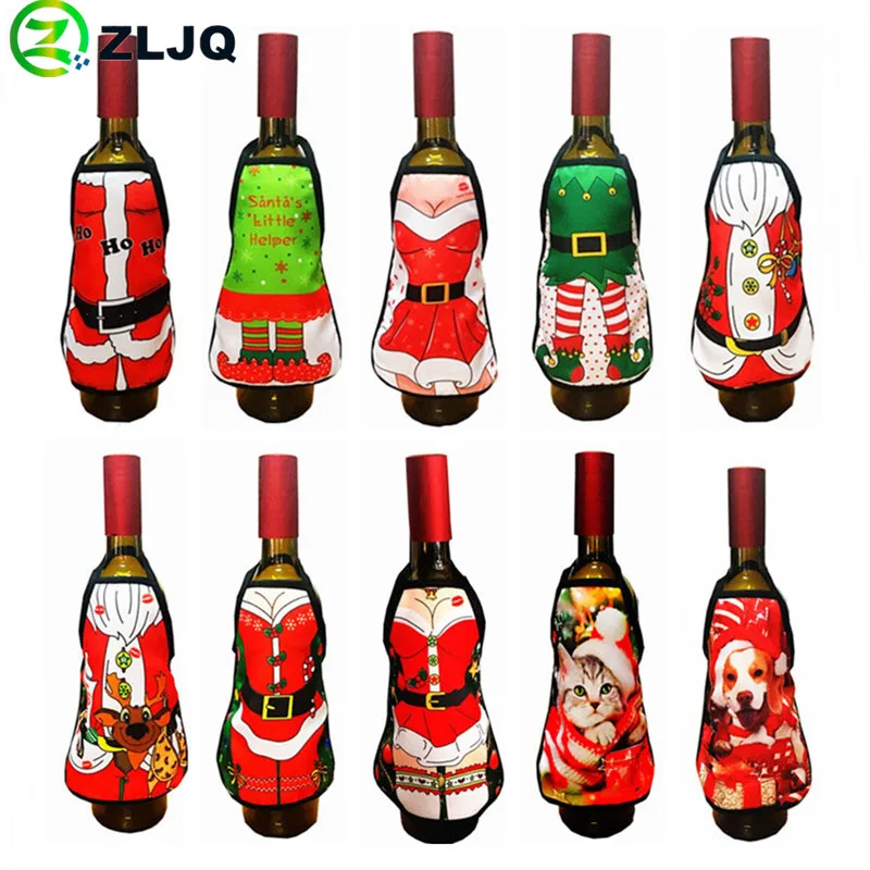

ZLJQ Mini Christmas Aprons Santa Claus Red Wine Bottle Sleeve Beer Bottle Set Party Dinner Table Supplies Christmas Home Decor 7