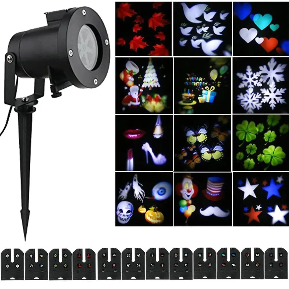 

US/EU/UK Plug Outdoor Waterproof Led Christmas Lights 12 Pattern Snowflake Logo Projection Lamp Lawn Laser Film Lights 2018 J3
