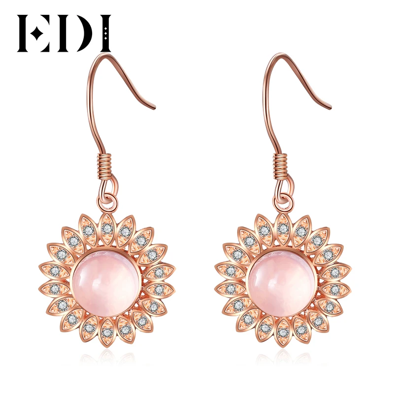

EDI Women Luxury 925 Sterling Silver 3CT Natural Rose Quartz Drop Earring Crystal Fashion Party Fine Jewelry Women Earrings