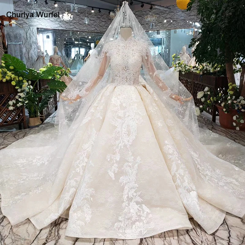 

Muslim Wedding Dress with wedding veil button flower high-neck long sleeve handmade bridal dress wedding gown with train HTL305