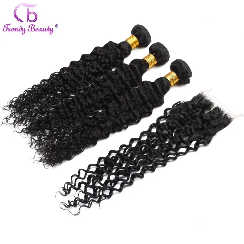 Trendy Beauty Hair Malaysian Deep Curly Human Hair Weave Extensions 3Bundles with Closure 8-28 Inches Color #1B Can Be Dye Thick