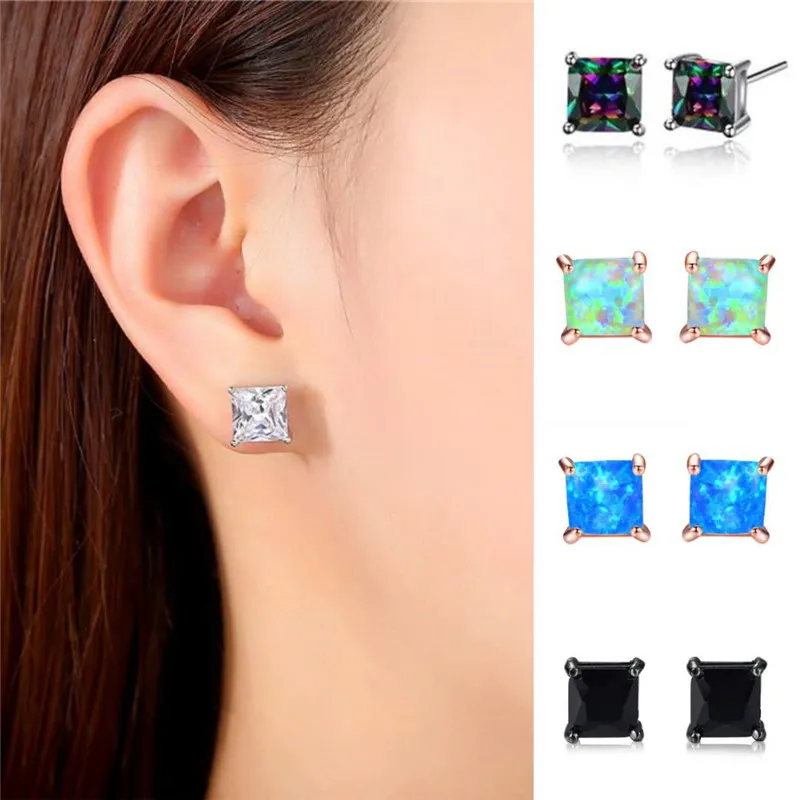 4/5/6/7MM Princess Cut Crystal Square Stud Earrings For Women Men Silver Rose Gold Color Black CZ White Blue Fire Opal Earrings