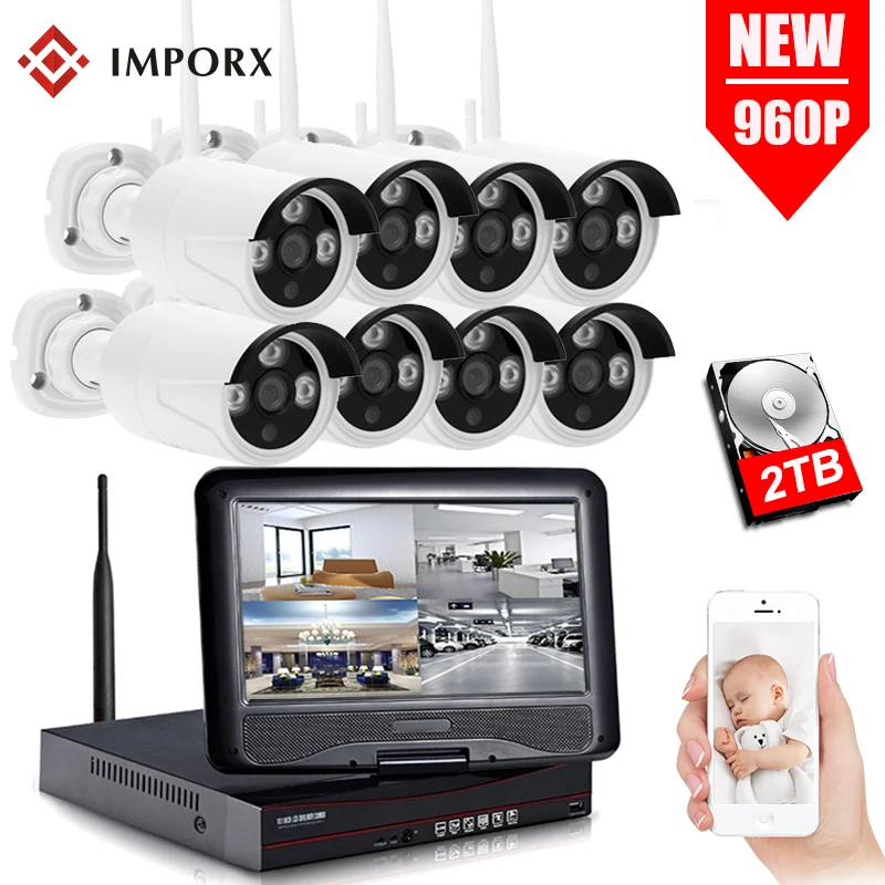 IMPORX 8CH 960P Беспроводной NVR комплекты 1" ЖК-дисплей наружная безопасность 1.3MP IP камера видеонаблюдения wifi cctv камера система