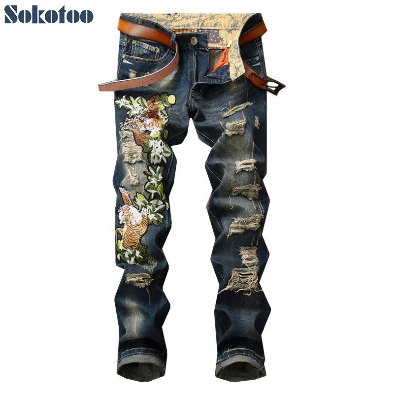 

Sokotoo Men's tiger embroidery holes ripped jeans Fashion slim distressed trendy denim pants