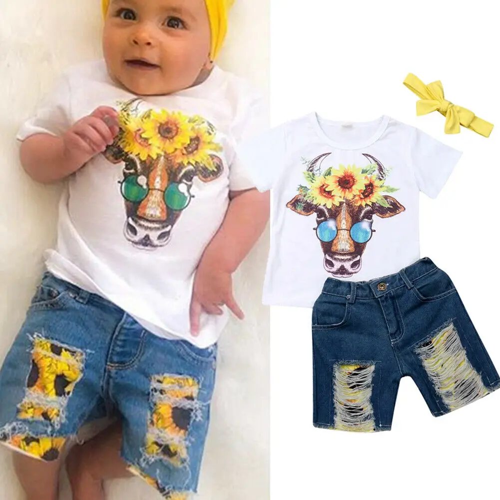 

Toddler Kids Girl Ripped Jeans Shorts 3 Piece Clothes White Cow Head Print T Shirt Sunflower Pants Outfits Set Children