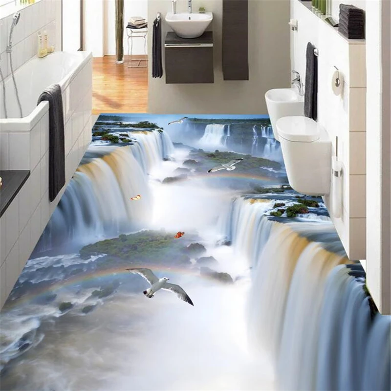 

wellyu Custom flooring painting 3d murals cliff waterfall bird bathroom kitchen walkway 3D floor stickers living room wallpaper