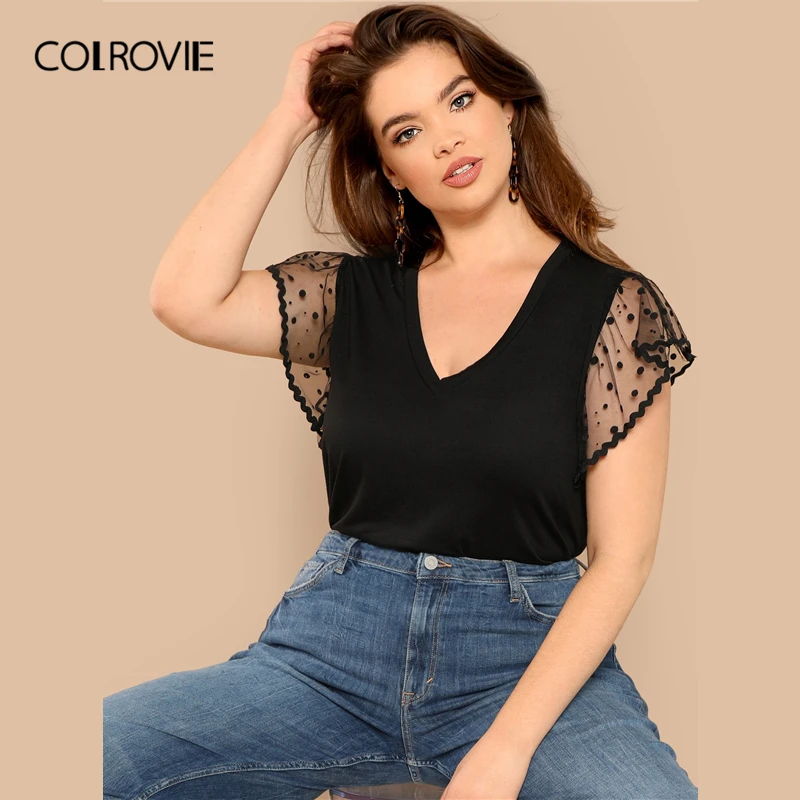 COLROVIE Plus Size Black Mesh Contrast Flutter Sleeve V-Neck Casual T-Shirt Women Tops 2019 Spring Short Sleeve Elegant Tee COLROVIE Plus Size Black Mesh Contrast Flutter Sleeve V-Neck Casual T-Shirt Women Tops 2019 Spring Short Sleeve Elegant Tee