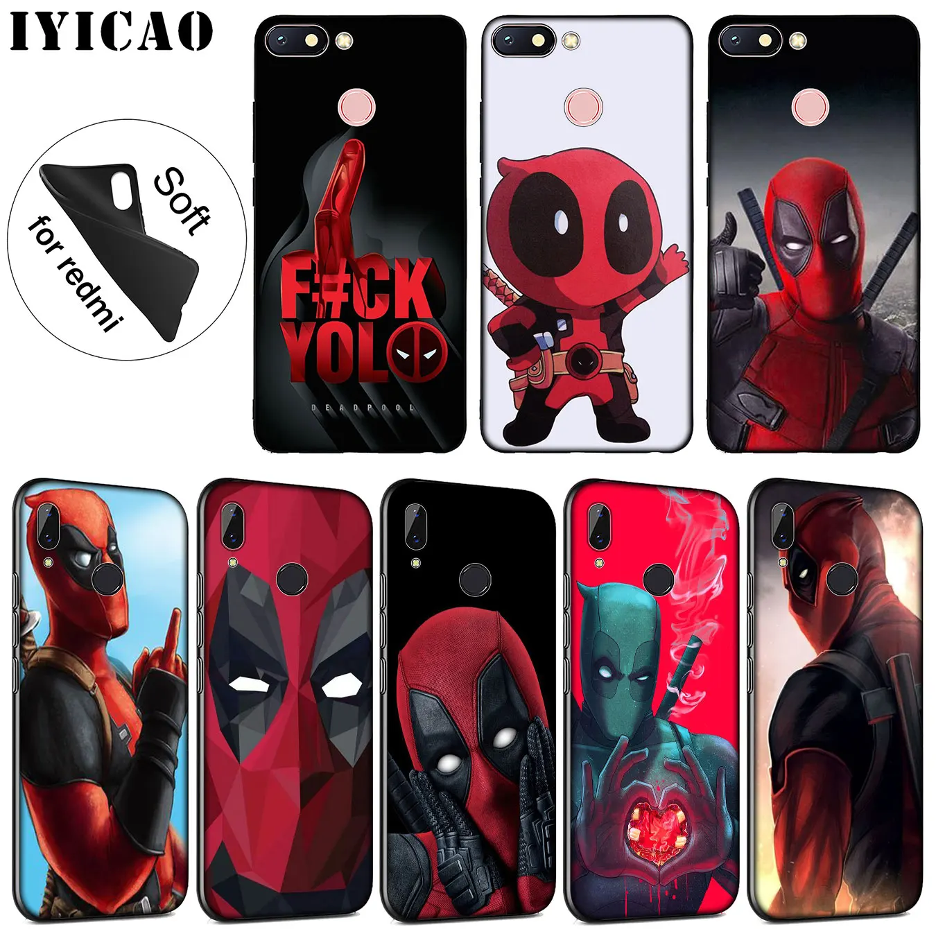 

IYICAO Deadpool Soft Silicone Phone Case for Xiaomi Redmi K20 7A 6A 5A S2 4X 4A GO Note 8 7 5 Plus 6 Pro Black TPU Cover