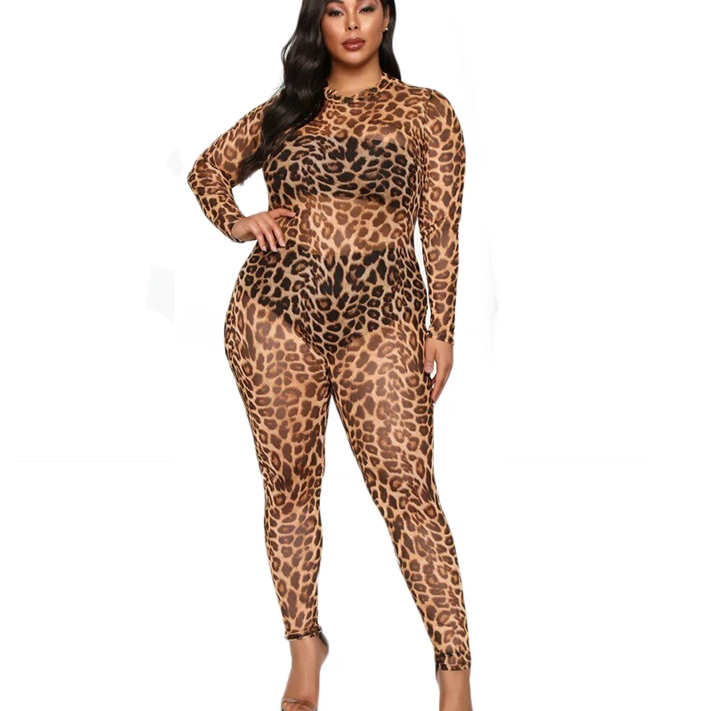 

Women Sheer mesh Leopard print jumpsuits rompers Fashion Summer perspective long sleeve outfits Clubwear Party Overalls femme
