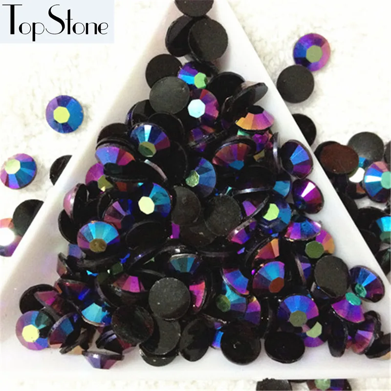 

TopStone J1# Jelly Black AB Colors 14 Cut Facets Resin Round Flatbacks Nail Art 3D Stones Glue On Non Hotfix Rhinestones