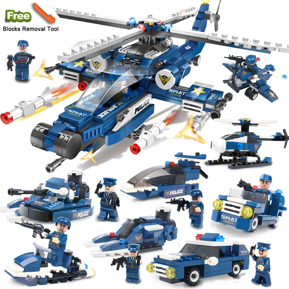 

8 in 1 Swat Police Team Helicopter Boat Car Building Blocks Compatible Legoed City figures Weapon gun Educational Toys for Kids