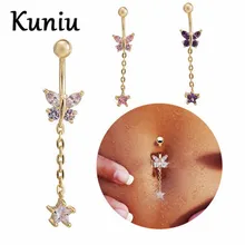 KUNIU Fashion Long section surgical steel navel piercing Women Sexy body jewelry CZ dangle belly button rings