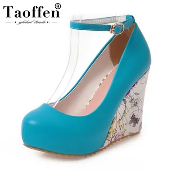 

Taoffen Print Flower 4 Colors Spring Party Pumps Office Ladies Buckle High Heel Shoes Women Wedges Fashion Pumps Size 33-43