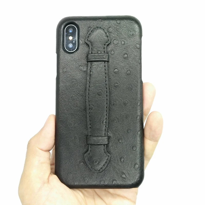 

Solque Mobile Phone Cases For iPhone XS X 10 Real Genuine Leather 3D Ostrich Hand Strap Holder Case Luxury Ultra Thin Back Cover