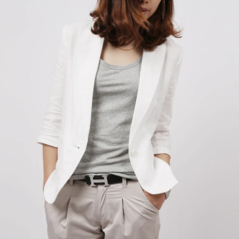 

cotton linen small suit short paragraphs three quarters sleeve thin small coat elegant blazer female women clothing