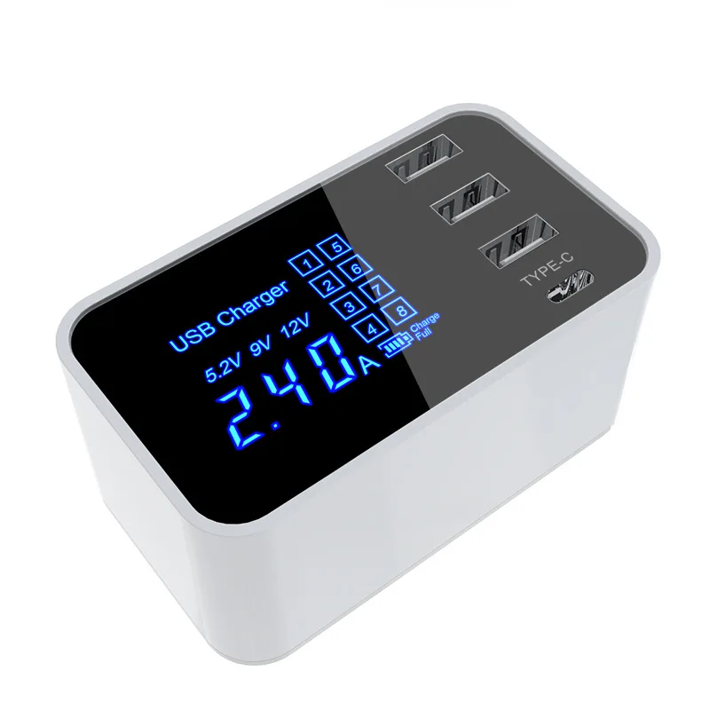 

Smart Display 4USB Type-C Fast Charger Multi-port Mobile Tablet Charger LED display smart IC automatic identification tablet fas