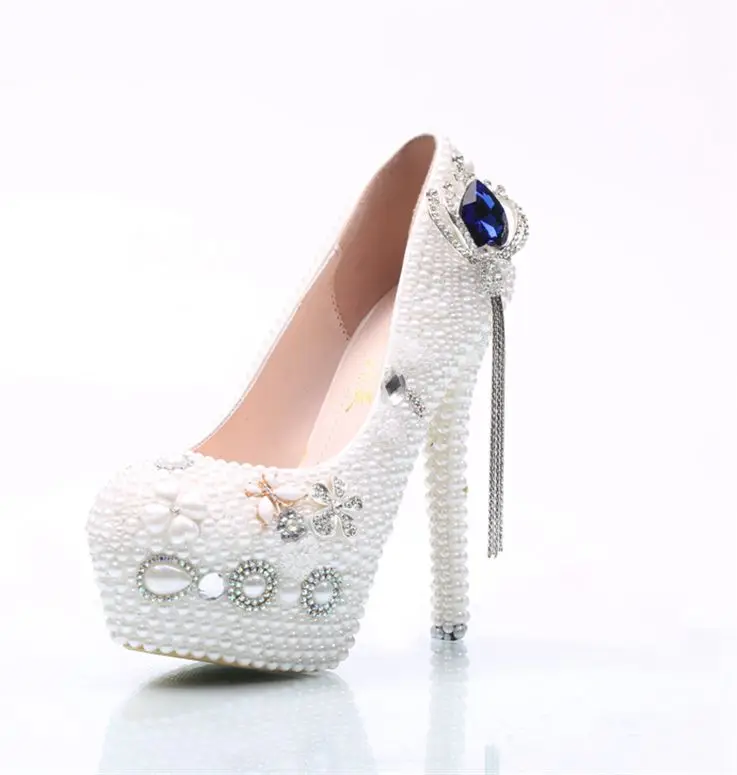 

Wedding shoes woman 2018 new design HS106 luxury white pearls handmade blue big crystal stones sexy platforms pearty pumps woman