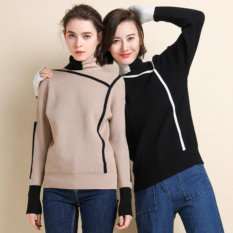 Winter Knit Sweater And Tops Women Long Sleeve Turtlenck Thick Pullovers Korean Style Clothes 2019 Patchwork Black | Женская одежда