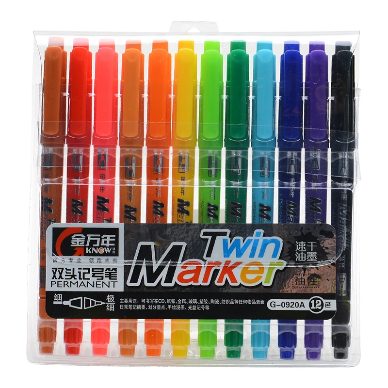 

12 Pcs/lot Dual Head Waterproof Micron Ultra Fine Twin Tip Permanent Marker Drawing Pen Office School Supplies
