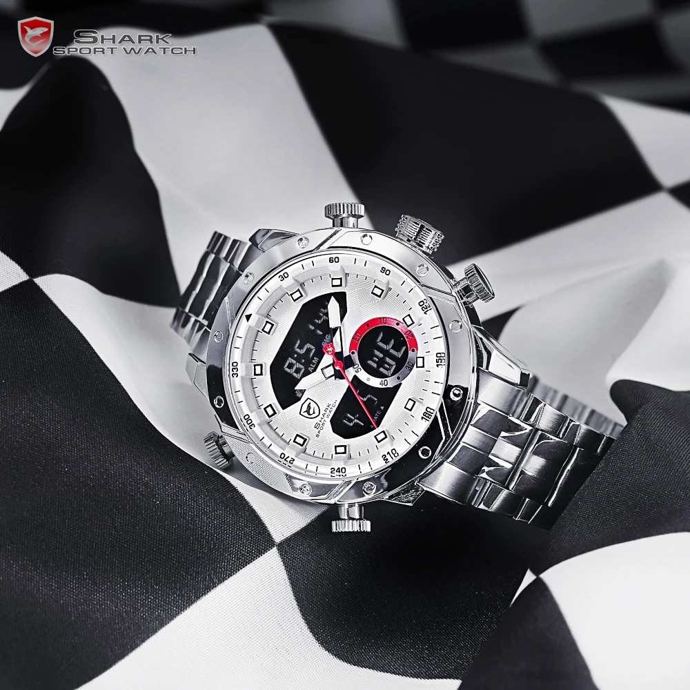 Snaggletooth SHARK Sport Watch LCD Auto Date Alarm Steel Band Chronograph Dual Time Men Relogio Quartz Digital Wristwatch /SH589