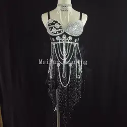 Блестящими Стразами купальники боди Черный Ленточки костюмы кристаллы серебра цепи Bling Купальник сценического танца для ночного клуба