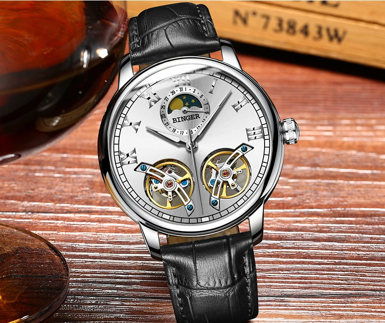 Double tourbillon Luxury Men watch Automatic mechanical Watch BINGER Famous Brand Watch Gold Case Blue Dial Double relogio