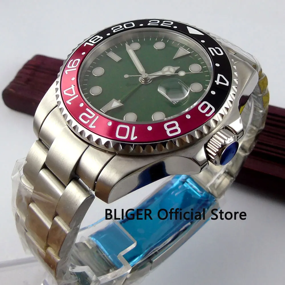 

BLIGER 43mm Green Sterile Dial Black Red Rotating Bezel Men's Watch GMT Function Sapphire Automatic Movement Men's Wristwatch