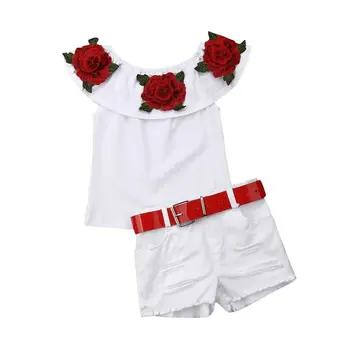 

New Summer Kids Baby Girl Off shoulder Embroidery Flower T-shirt Tops Ripped Denim Shorts White Jeans 2PCS Girls Clothing Set